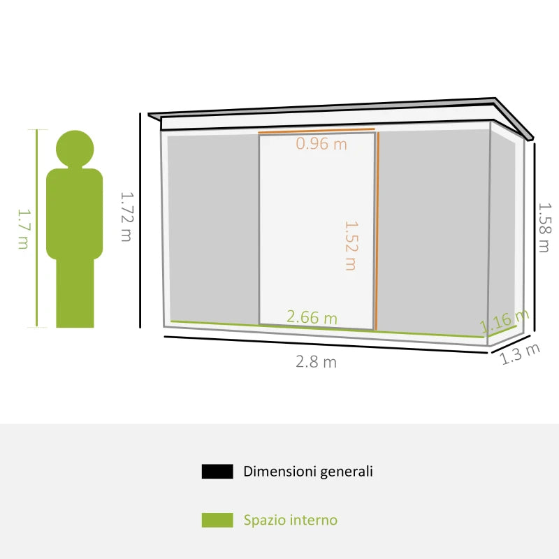 Casetta da Giardino Porta Utensili in Lamiera di Acciaio, Capanno da Giardino in Acciaio con Porte Scorrevoli, 280x130x172cm, Verde Chiaro LK4845-032GNLK4