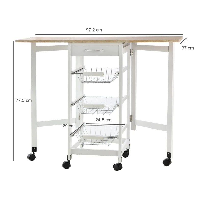 Carrello da Cucina con 3 Cestini, Cassetto e Ribalte, 6 Ruote Girevoli, in MDF e Metallo, 37x37x77.5cm, Bianco e Legno GF2801-125GF2