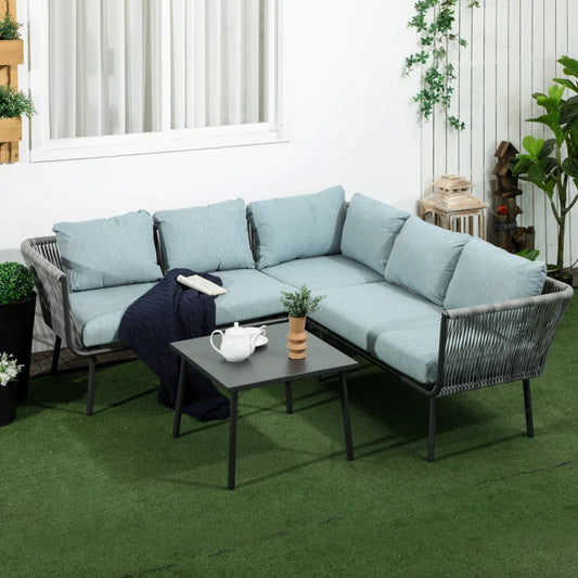 Set da Giardino 4 Pezzi in Rattan con Tavolino da Caffè, 2 Divani ad Angolo e Poltroncina, Nero Grigio e Blu  860-275V00GY