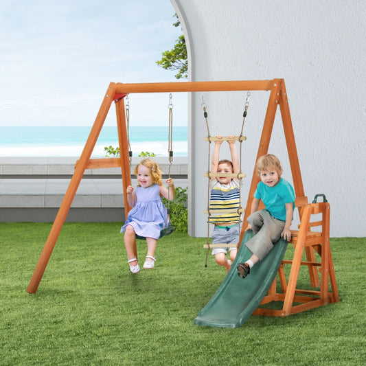 Set con Scivolo, Altalena da Giardino e Scaletta a Corda in Legno per Bambini Età 3-8 Anni MQ1344-068V00GNMQ1