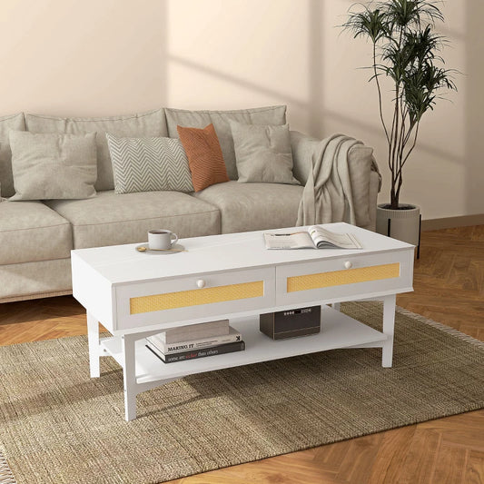 Tavolino da Caffè Boho con 2 Cassetti e Ripiano, in Rattan e Truciolato, 120x50x50 cm, Bianco e color Legno XF6839-931V01WTXF6