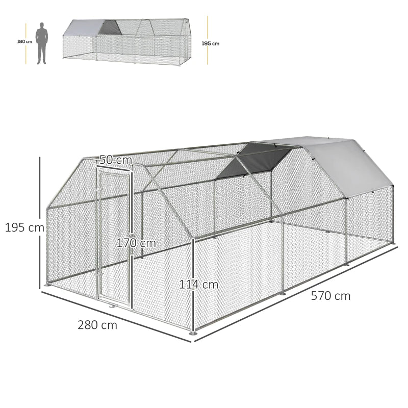 Recinto Gabbia per Galline in Metallo Galvanizzato Impermeabile, Pollaio con Porta e Copertura Oxford, 280x570x195cm HJ6D51-117HJ6