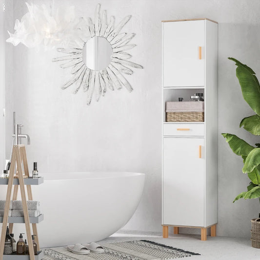 Mobile Salvaspazio Bagno in Legno Bianco, Mobile a Colonna con Armadietti e Cassetto 39x30x180cm QA2834-312QA2