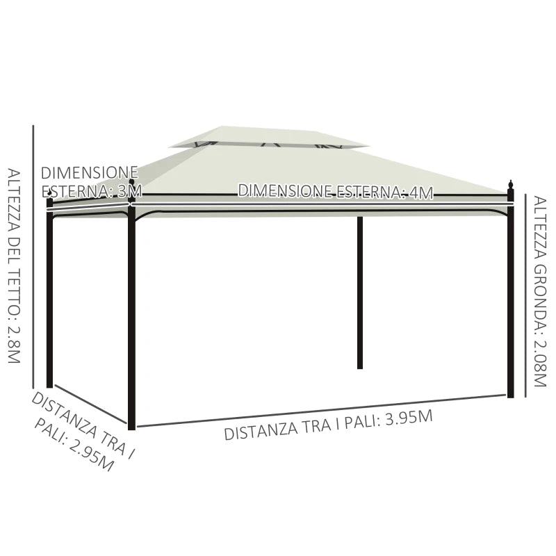 Gazebo da Giardino 3x4m in Acciaio con Doppio Tetto e 4 Tende Laterali, Crema 01-0872