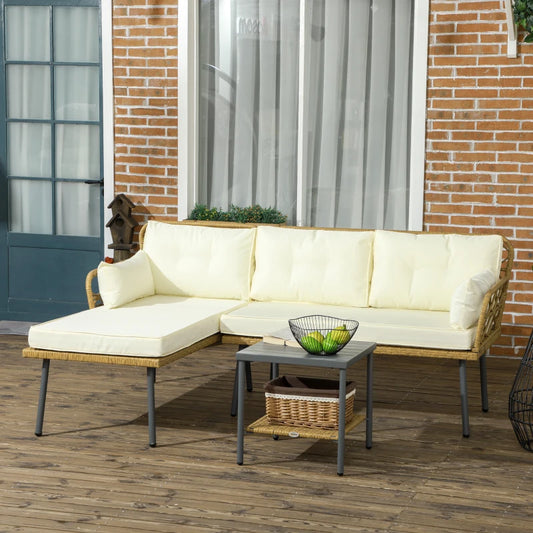 Salotto da Giardino in Rattan PE con Chaise Longue, Divano 2 Posti e Tavolino, Crema 84G-359V00CW