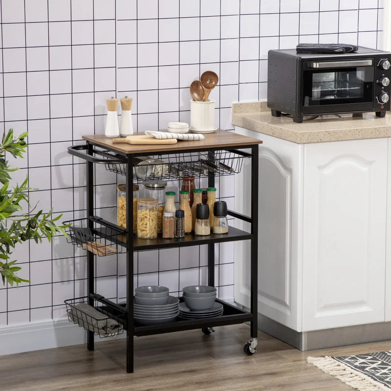 Carrello da Cucina a 3 Livelli con 2 Ruote, Cesto Estraibile e Vassoio, 75x43.5x91 cm, color Legno e Nero HG7801-282V00WNHG7