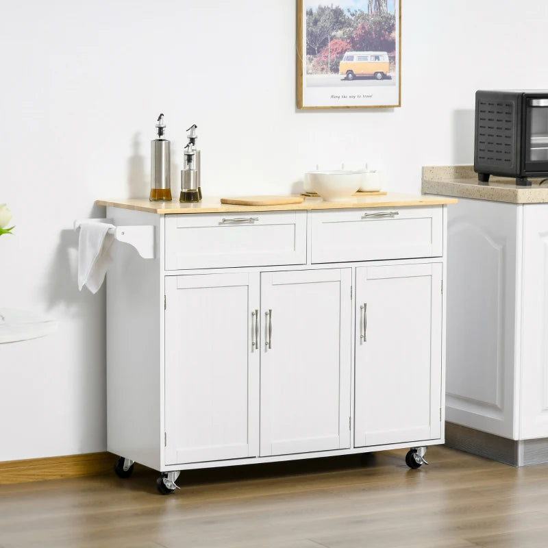 Carrello da Cucina Multiuso in Legno con 2 Cassetti, 3 Antine e 4 Ruote 121x46x91cm - Bianco TR8801-204TR8