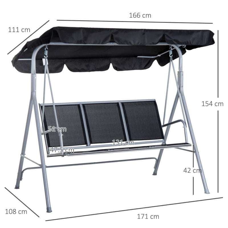 Dondolo da Giardino a 3 Posti in Metallo, Tetto Parasole Rimovibile e Lavabile, Nero e Argento, 171x108x154cm 84A-059BK