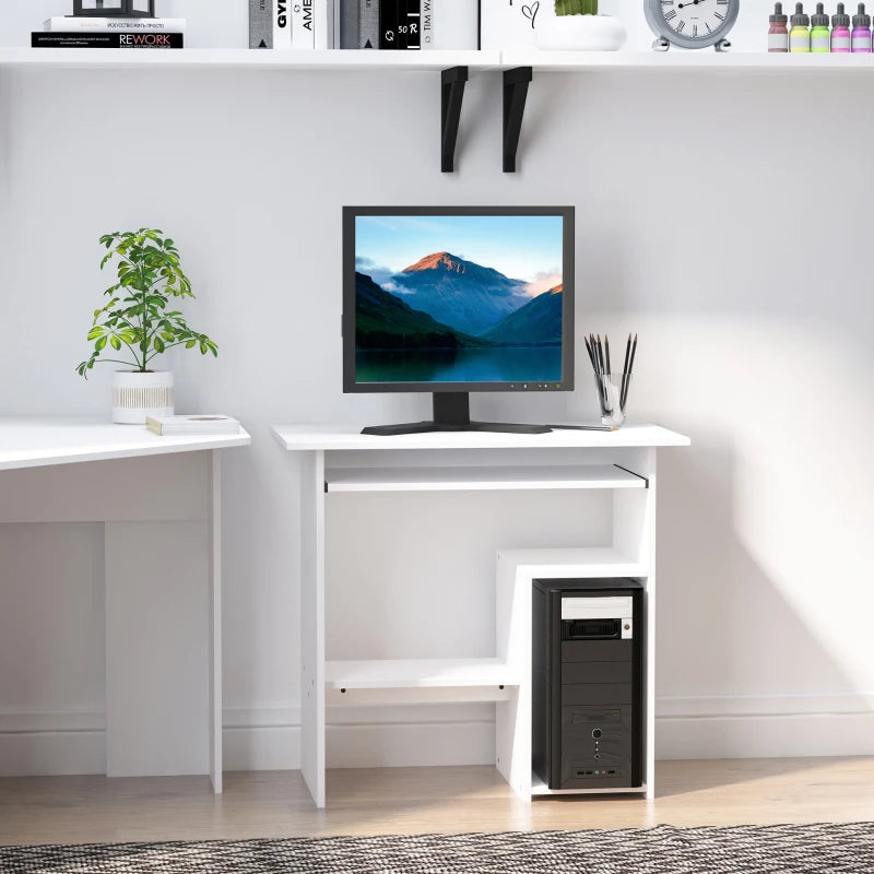 Scrivania per Computer Porta PC Moderna Salvaspazio, Scrivania da Uffcio con Ripiano per CPU e Mensola Tastiera Estraibile in Legno, 80x45x75cm, Bianco QU6836-092WTQU6