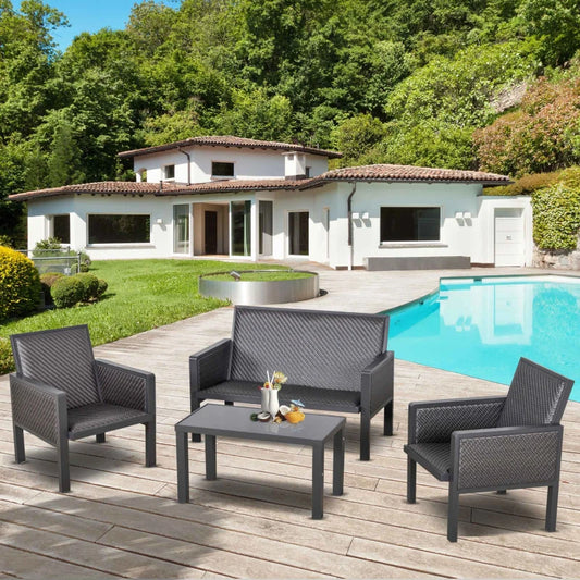 Salotto da Giardino con Divano da Esterno e Tavolino, Mobili da Giardino in Rattan Sintetico, Set 4 Pz, Grigio 860-166