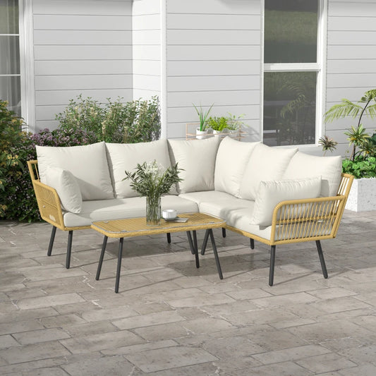 Set da Giardino 4 Pezzi in Rattan PE con Tavolino da Esterni 90x45x42 cm e 2 Divanetti per Esterni 6ex63x74 cm, Bianco Crema 860-324V00CW