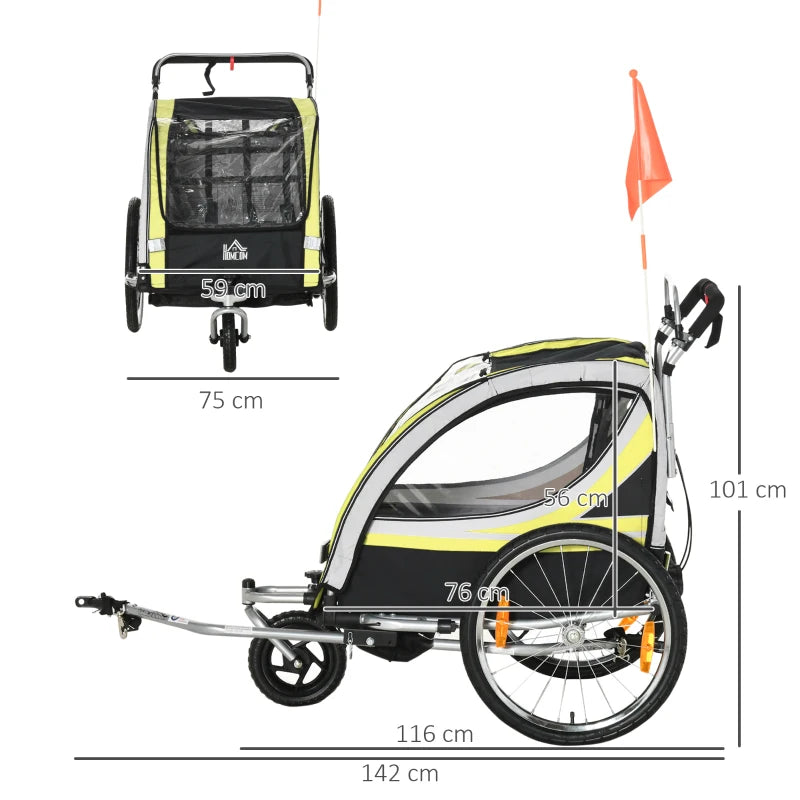 Rimorchio Bici per Bambini Passeggino, Design 2 in 1 con Freno, Cintura a 5 Punti e Tasche Laterali, Riflettori, 116-142Lx75Px101Acm, Giallo MG5440-026YLMG5