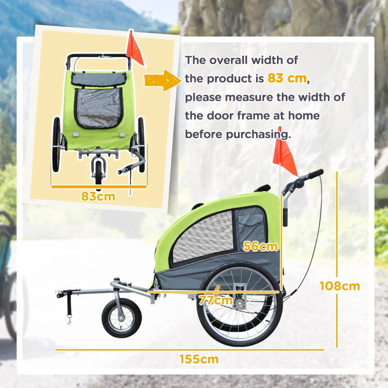 Rimorchio Bici per Cani Taglia Media a 2 Ingressi con Finestrelle e Tettuccio Apribile, 126-155x83x108 cm, Verde GV8D00-051GV8