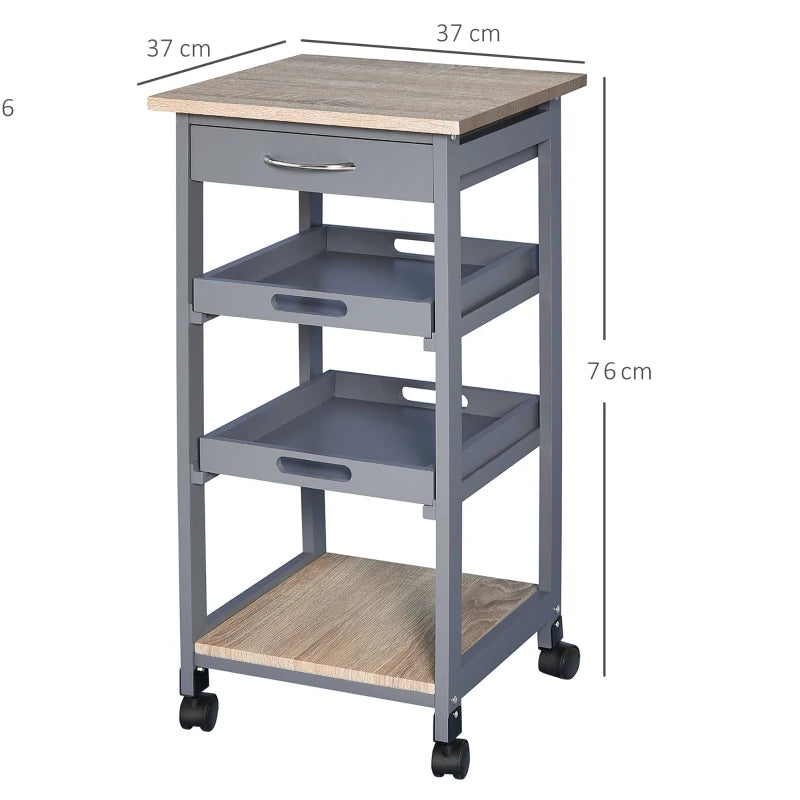 Carrello da Cucina con Cassetto, 2 Vassoi Estraibili e Ripiano Fisso, in Legno di Pino e MDF, 37x37x76 cm HG8801-153GYHG8