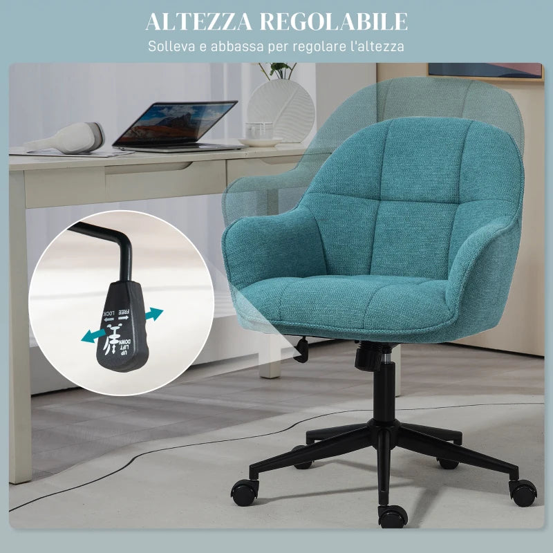 Sedia da Ufficio Girevole ad Altezza Regolabile, in Tessuto Effetto Lino e Acciaio, 63x66x86-96 cm, Verde Scuro FG8921-714V00DGFG8