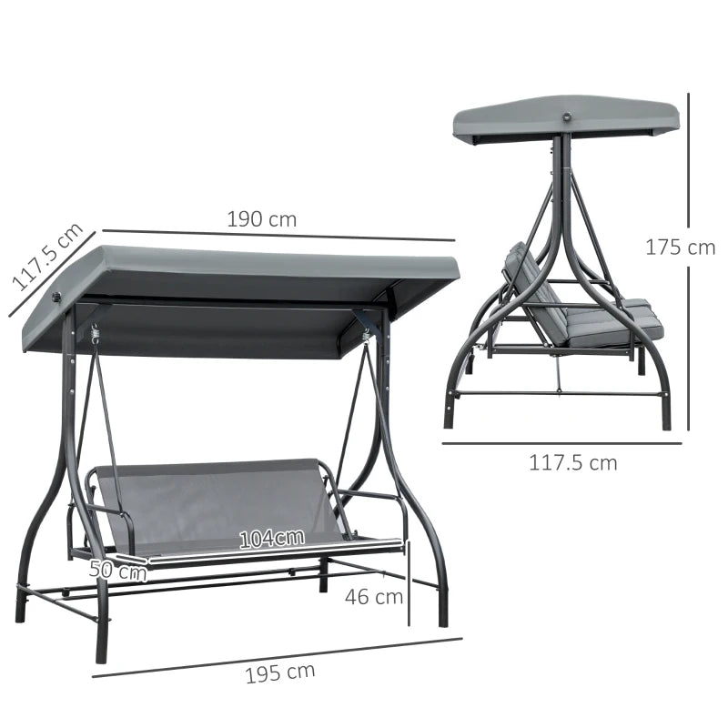 Dondolo da Giardino 3 Posti Convertibile in Lettino con Tettuccio Regolabile, Grigio Scuro 84A-031V01CG