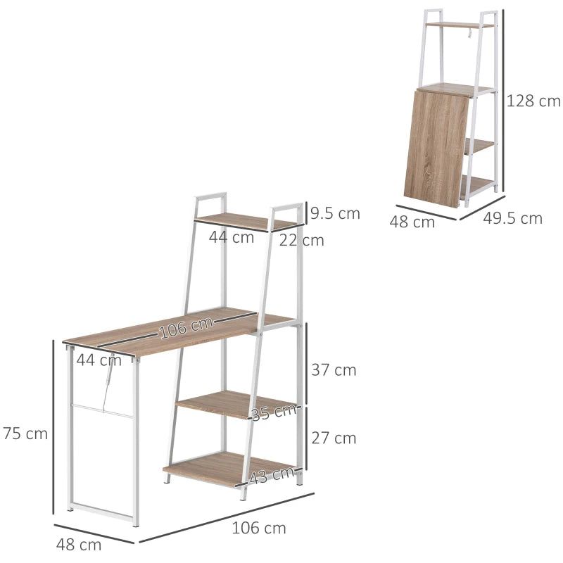 Scrivania Pieghevole con Libreria Salvaspazio in Metallo Bianco e Legno MDF Color Rovere, 106x48x128cm RT5836-247RT5