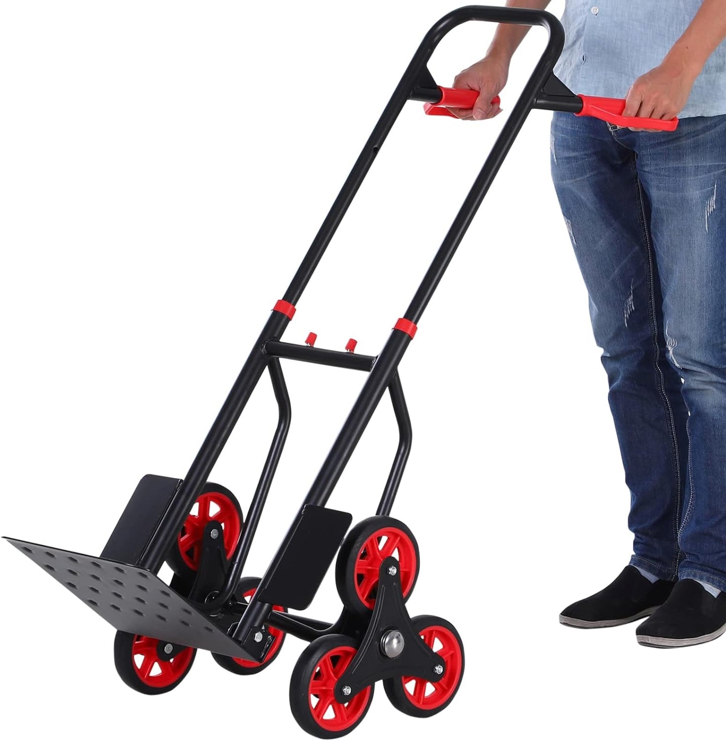 Carrello Portapacchi Pieghevole pacchi scale 120 kg max con Maniglia Estraibile Carrello da Trasporto in Acciaio, PP e TPR, 60x45x109 cm, Rosso e Nero YGYB71-029FR5