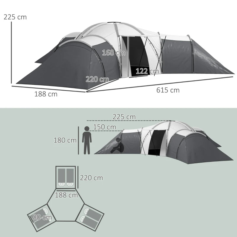 Tenda da Campeggio 6 Posti Impermeabile con 3 Aree Notte, Soggiorno e Portico, in tessuto Oxford, Grigio WQ1A20-351V00CGWQ1