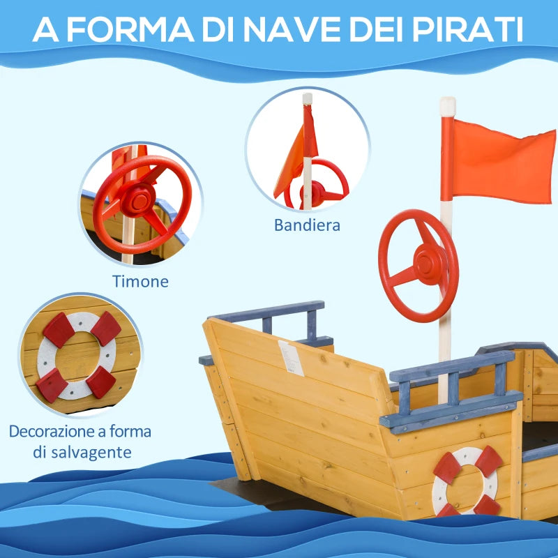 Sabbiera per Bambini in Legno a Forma di Nave dei Pirati con Vano Contenitore, 158x78x45.5 cm YS3343-022V01YS3