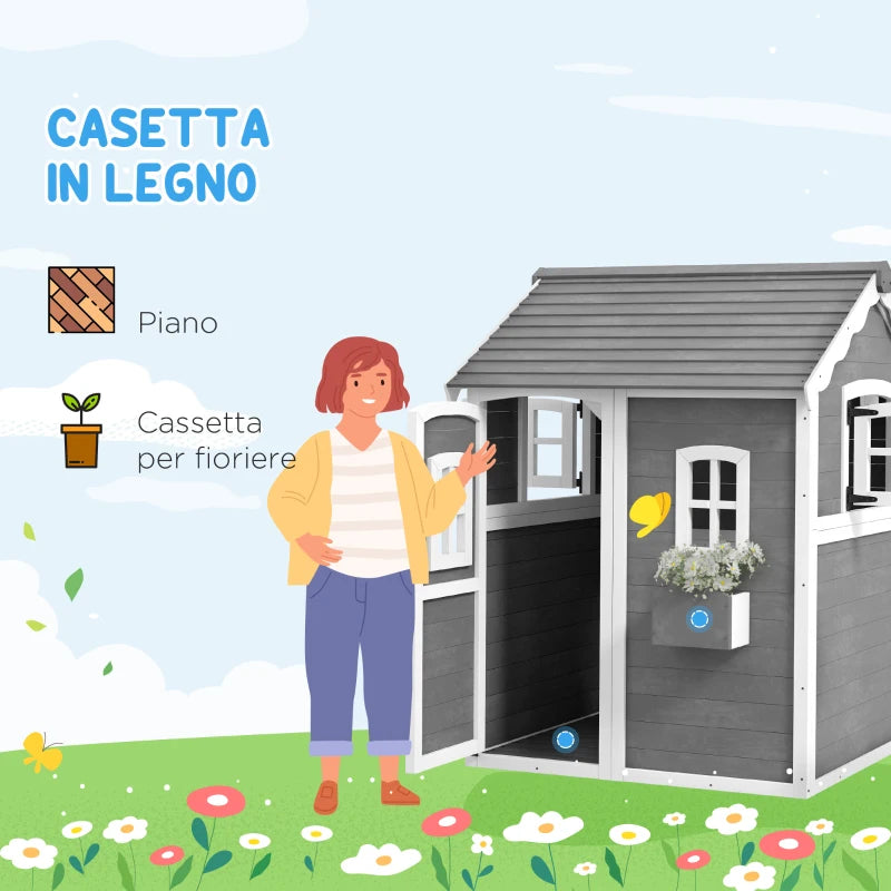 Casetta per Bambini 3-8 Anni con 6 Finestre e Fioriera, in Legno di Abete, 104.5x110x137 cm, Grigia YH4345-026V00GYYH4