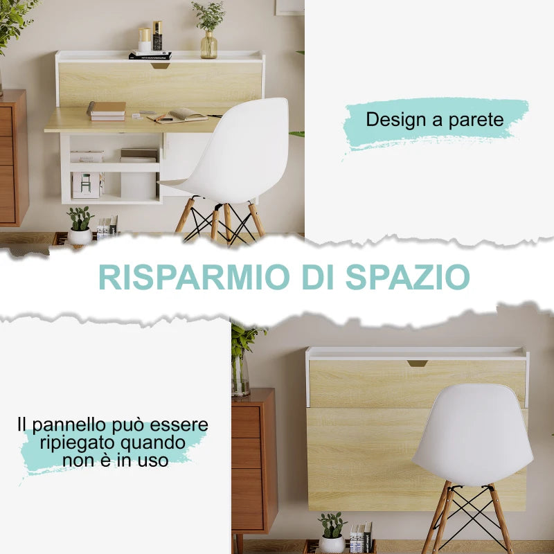 Scrivania a Muro Pieghevole e Salvaspazio con Ripiani, per Casa e Ufficio, in Truciolato, 100x18x74 cm QR3836-533QR3