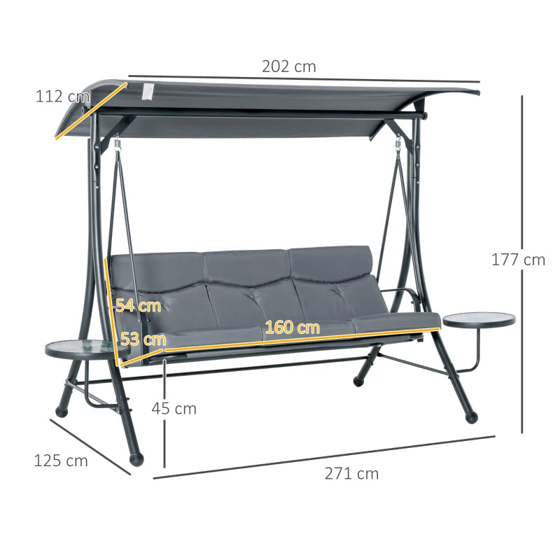 Dondolo da Giardino a 3 Posti , Dondolo da Esterno con Tettuccio Regolabile e 2 Tavolini, Grigio 271x125x177cm 84A-162