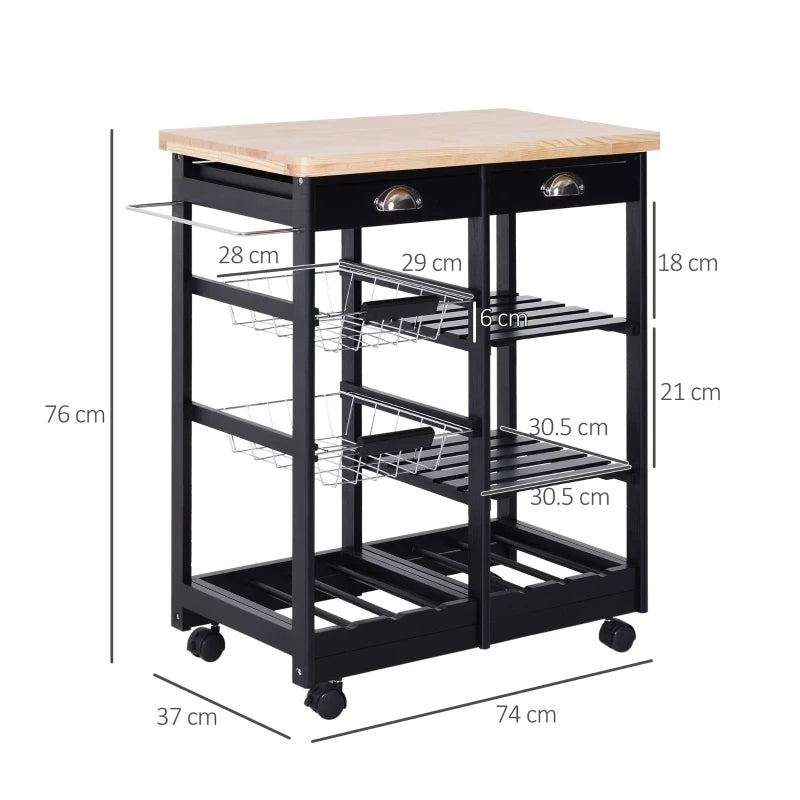 Carrello da Cucina Multiuso in Legno di Pino 74 x 37 x 75cm Nero LK3801-079BKLK3