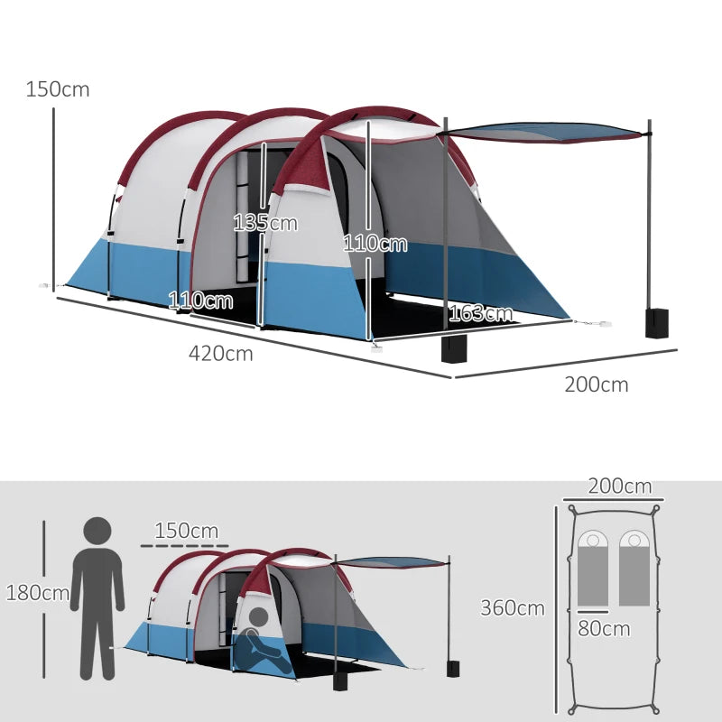 Tenda da Campeggio Impermeabile con 2 Aree e 3 Ingressi, in Poliestere e Fibra di Vetro, 420x200x150 cm, Rosso ES2A20-425V00RDES2