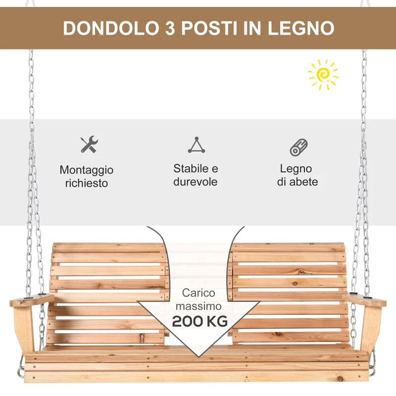 Dondolo Sospeso 3 Posti, Dondolo in Legno per Giardino o Terrazzo con Tavolino Pieghevole e Portabicchieri  84A-147ND