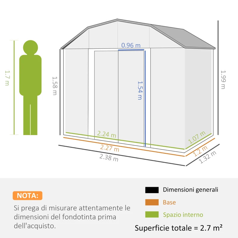 Capanno Porta Attrezzi con Ripiani Regolabili e 2 Finestre, in Acciaio Zincato, 238x132x198.5 cm, Grigio Scuro LK584H-114V00CGLK5