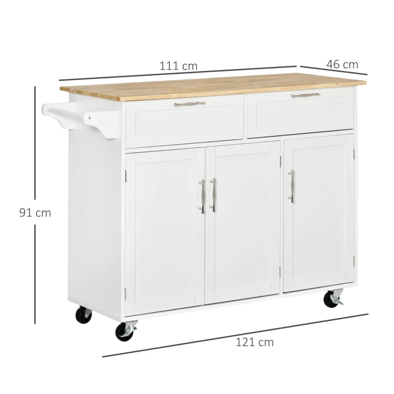 Carrello da Cucina Multiuso in Legno con 2 Cassetti, 3 Antine e 4 Ruote 121x46x91cm - Bianco TR8801-204TR8