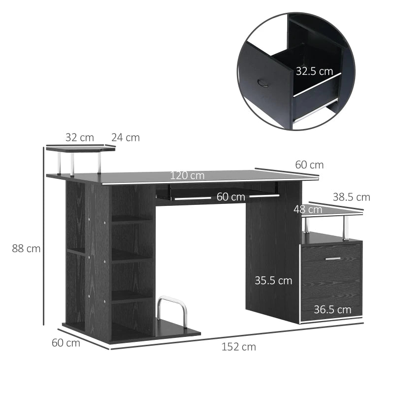 Scrivania per Computer Moderna con Cassetti, Ripiani e Tastiera Estraibile, Scrivania da Ufficio per Casa in Legno Nero 152x60x88cm ZB5920-013ZB5