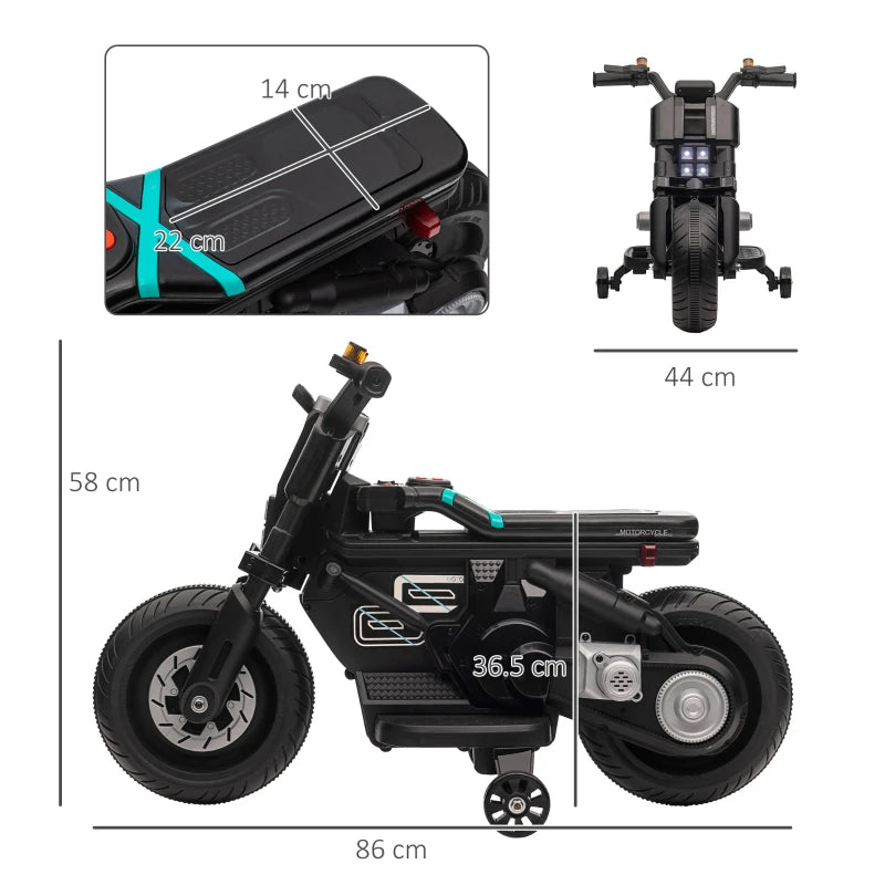 Moto Elettrica per Bambini 3-5 Anni in PP e Metallo con Rotelle, Clacson e Musica, 86x44x58 cm, Nera GP7370-253V90BKGP7