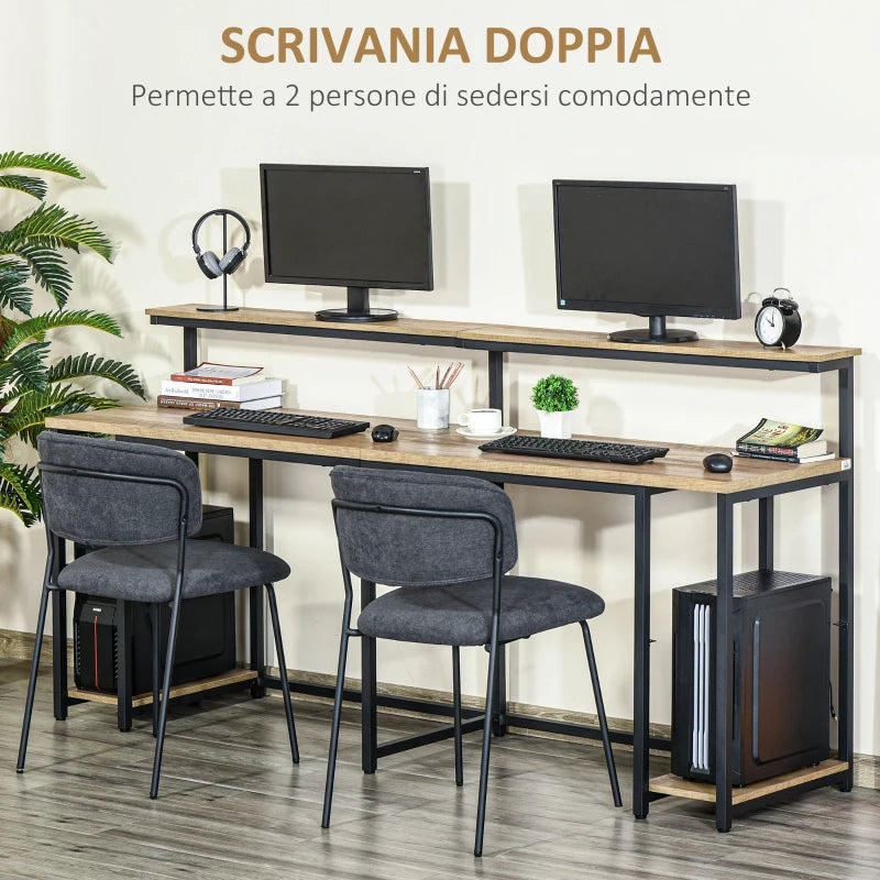 Scrivania Doppia con Scaffali e Mensola per Monitor in Stile Industriale, Scrivania con Libreria Salvaspazio per Ufficio e Studio in Metallo e MDF, 200x53x100cm, Nero Marrone ZX3836-374ZX3