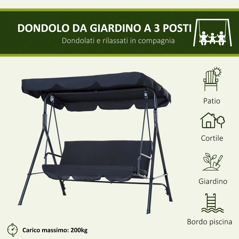 Dondolo da Giardino 3 Posti con Tetto Parasole Regolabile e Struttura in Acciaio, 172x110x153cm, Nero 84A-054BK