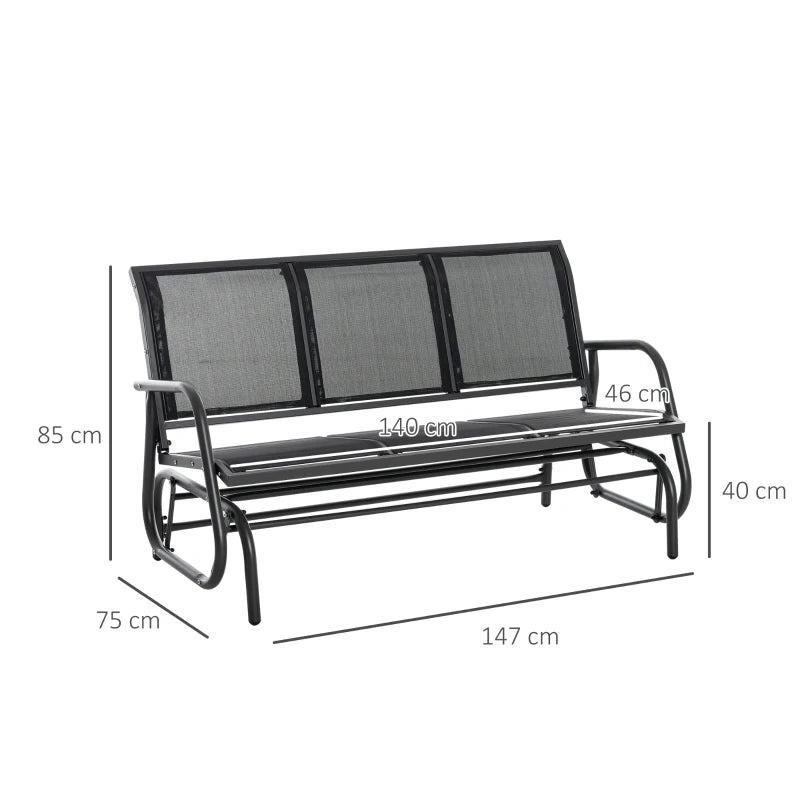 Panchina a Dondolo da Giardino a 3 Posti in Metallo e Tessuto a Rete Traspirante, 147x75x85cm, Nero 84B-531