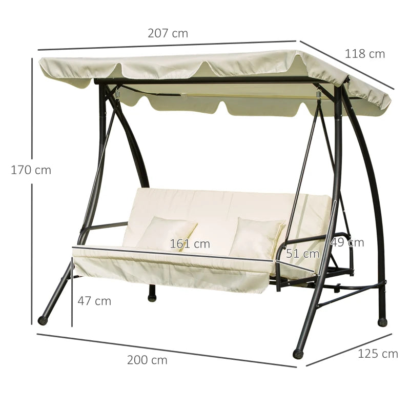 Dondolo da Giardino 3 Posti con Tetto Reclinabile, Convertibile in Letto, 200x125x170 cm, Crema 84A-032