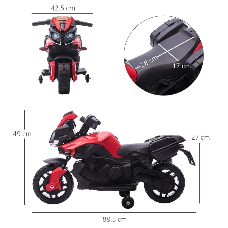 Moto Elettrica per Bambini con Fari e Clacson, Batteria 6V Velocità 3km/h, Età 18-48 Mesi, 88.5x42.5x49cm, Rosso GB7370-159V90RDGB7