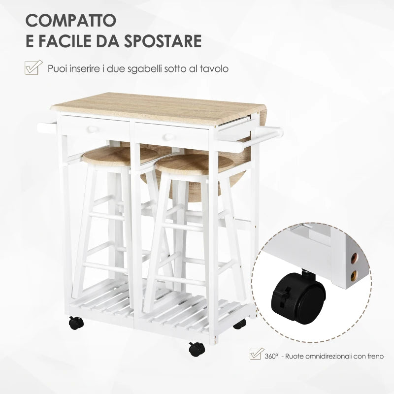 Carrello da Cucina Pieghevole, Mobile da Cucina Salvaspazio con 2 Sgabelli 2 Cassetti 5 Ruote (Rotazione 360°), Legno MDF Bianco MN2801-117MN2