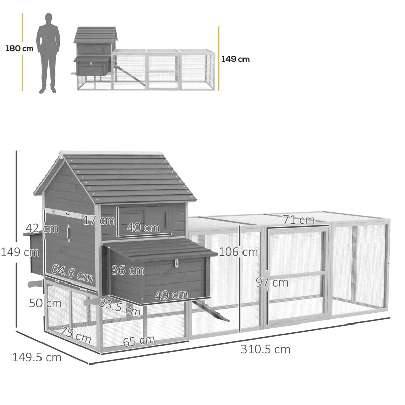 Pollaio da Giardino con Casetta per Galline, Rampa e Area Aperta, 310.5x149.5x149cm, Grigio LS9D51-150V01GYLS9