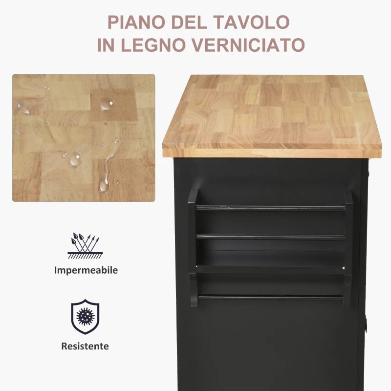 Carrello da Cucina Portavivande con Cassetti, Armadietti e Portaspezie, in Legno e MDF, 111x44.5x82.5 cm, Nero JH4801-161BKJH4