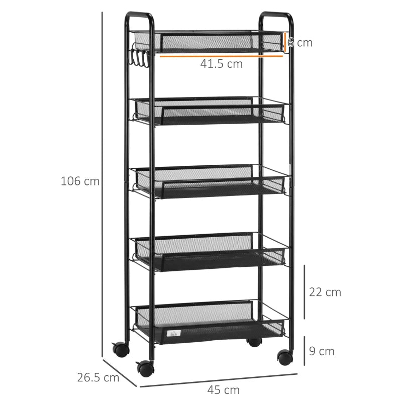 Carrello da Cucina Salvaspazio a 5 Livelli con Cestini a Rete in Acciaio, 45x26.5x106cm, Nero TW9850-164TW9