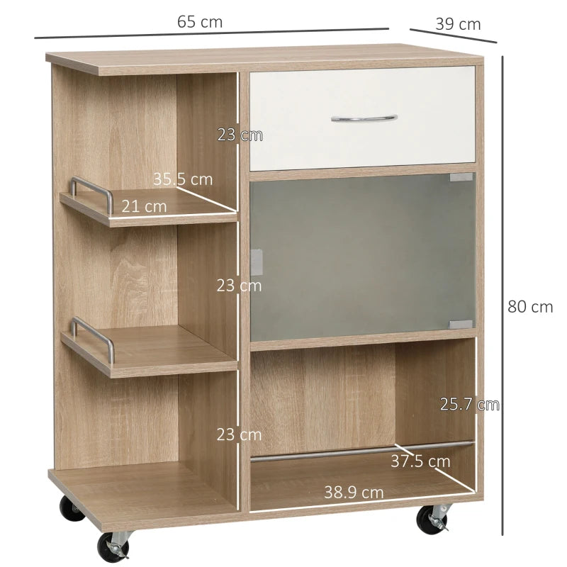 Carrello da Cucina Portavivande con Cassetto, Ripiani e Armadietto in Legno, Acciaio e Vetro, 65x39x80cm GH2801-242NDGH2