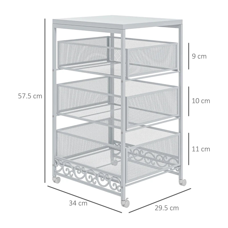 Carrello Portaoggetti a 3 Livelli in Truciolato e Acciaio, 34x29.5x57.5 cm, Bianco HJ9850-285V00WTHJ9