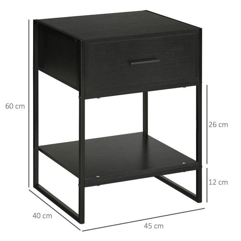 Comodino Moderno con Cassetto e Ripiano Aperto per Camera da Letto e Soggiorno, in Truciolato e Acciaio, 45x40x60cm, Nero TG7831-535V01BKTG7