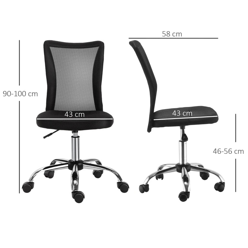 Sedia da Ufficio Ergonomica Senza Braccioli, Tessuto Traspirante a Rete, Altezza Regolabile e 5 Ruote, 43x58x90-100cm, Nero FG1921-226BKFG1