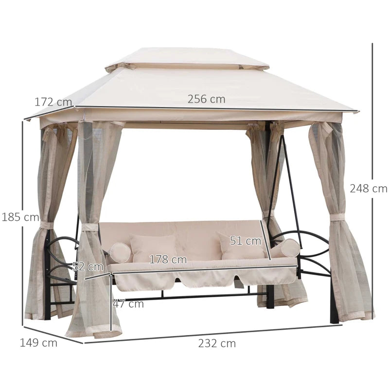 Dondolo 3 Posti e Lettino Singolo Copertura a Gazebo con Zanzariera e Cuscini 256x172x248cm Crema 84A-102