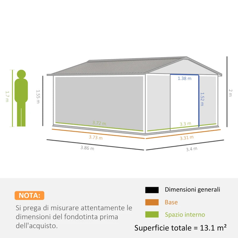 Casetta da Giardino con Porte Scorrevoli e Tetto Inclinato, in Acciaio, 340x386x200 cm, Grigio TH9845-031V01LGTH9