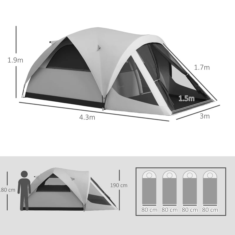 Tenda da Campeggio 4 Posti Impermeabile con Zona Notte e Zona Giorno, in Poliestere, 430x300x190 cm, Grigio EA1A20-397V00GYEA1